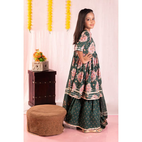 Aatya Kiids Cotton Half Sleeves Floral Printed Kurti with Sharara - Green.
