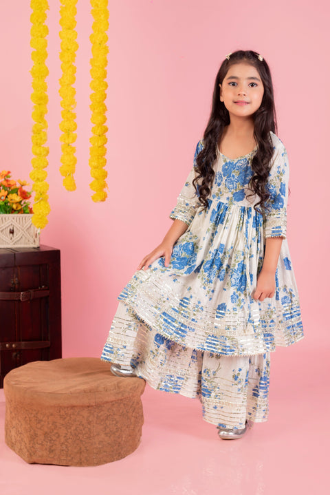 Aatya Kiids Blue Gold Embellished Flower Print Sharara Set - White/Blue.