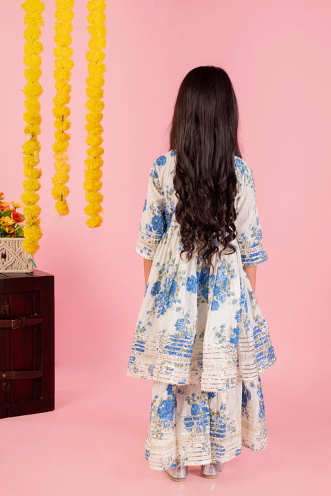 Aatya Kiids Blue Gold Embellished Flower Print Sharara Set - White/Blue.