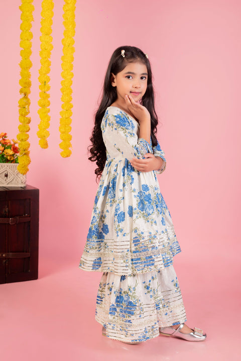 Aatya Kiids Blue Gold Embellished Flower Print Sharara Set - White/Blue.
