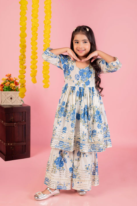 Aatya Kiids Blue Gold Embellished Flower Print Sharara Set - White/Blue.