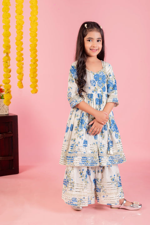 Aatya Kiids Blue Gold Embellished Flower Print Sharara Set - White/Blue.