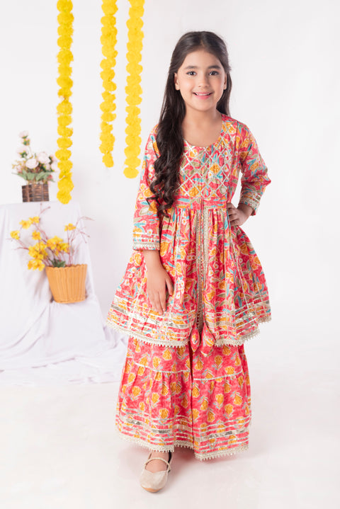 Aatya Kiids Gathered Top with Gota embellished Kurti with Flared Sharara  - Pink.
