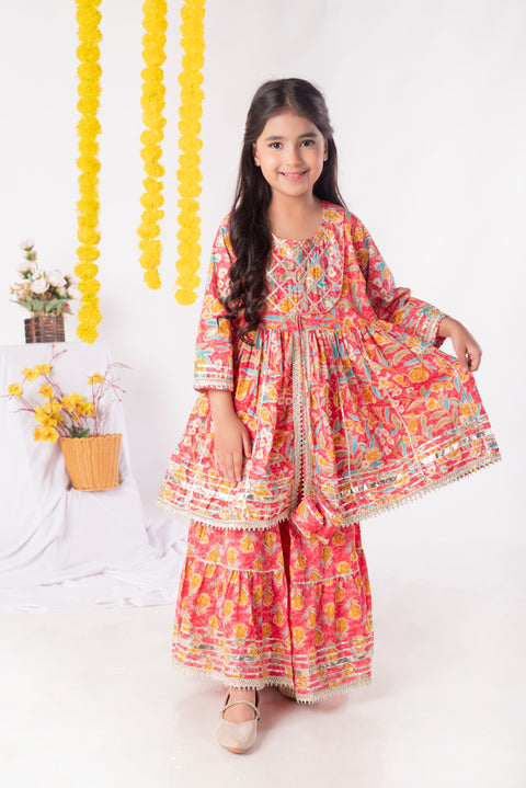 Aatya Kiids Gathered Top with Gota embellished Kurti with Flared Sharara  - Pink.