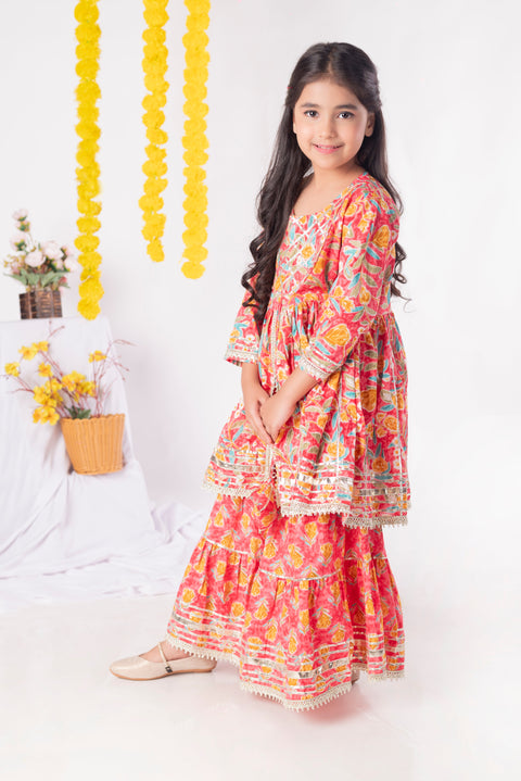 Aatya Kiids Gathered Top with Gota embellished Kurti with Flared Sharara  - Pink.