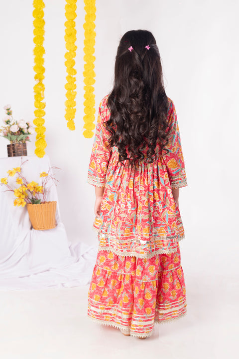 Aatya Kiids Gathered Top with Gota embellished Kurti with Flared Sharara  - Pink.