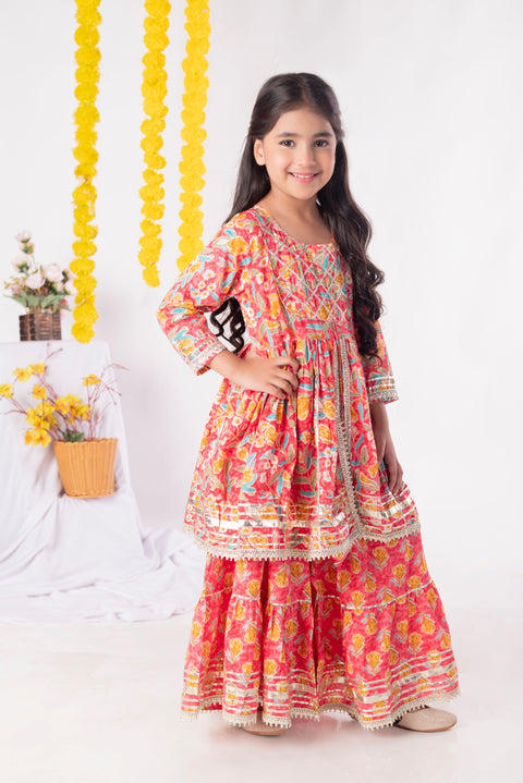 Aatya Kiids Gathered Top with Gota embellished Kurti with Flared Sharara  - Pink.