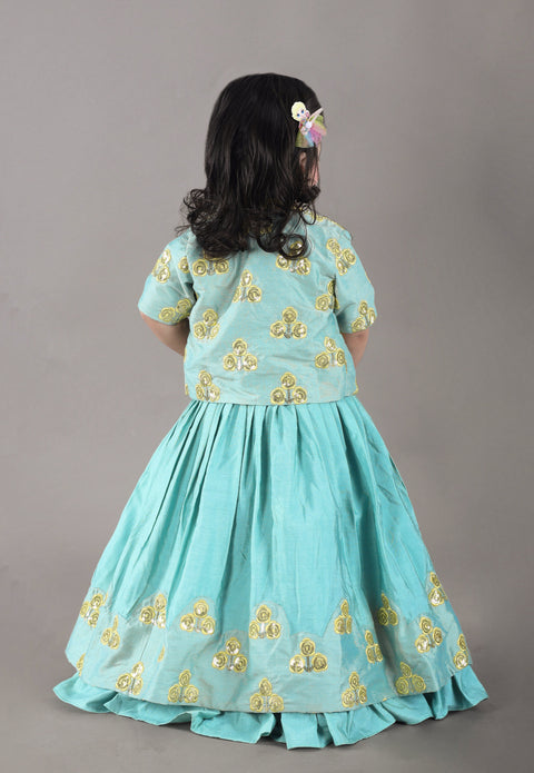 Pre-Order: Aqua Green Flower Embroidery Blouse And Ghagara Set