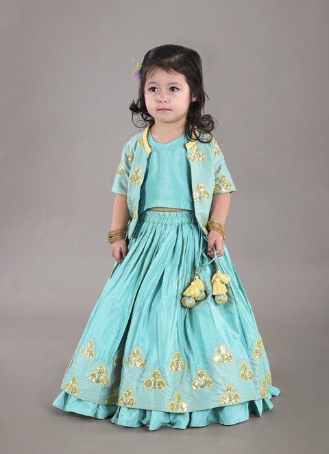 Pre-Order: Aqua Green Flower Embroidery Blouse And Ghagara Set