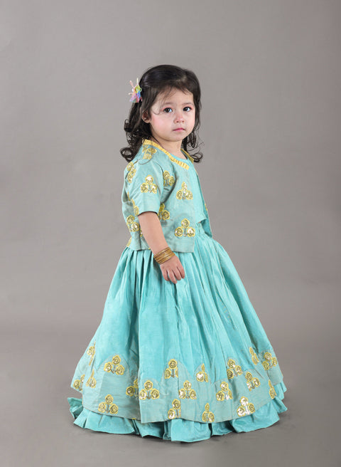 Pre-Order: Aqua Green Flower Embroidery Blouse And Ghagara Set