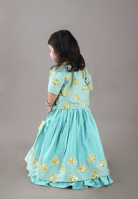Pre-Order: Aqua Green Flower Embroidery Blouse And Ghagara Set