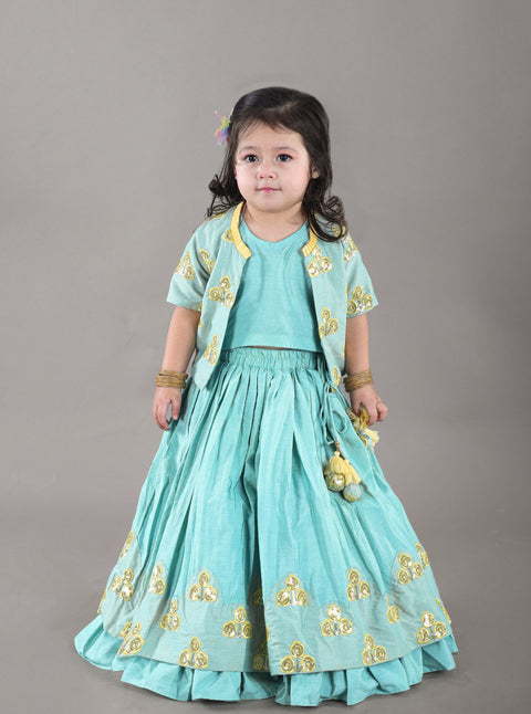 Pre-Order: Aqua Green Flower Embroidery Blouse And Ghagara Set