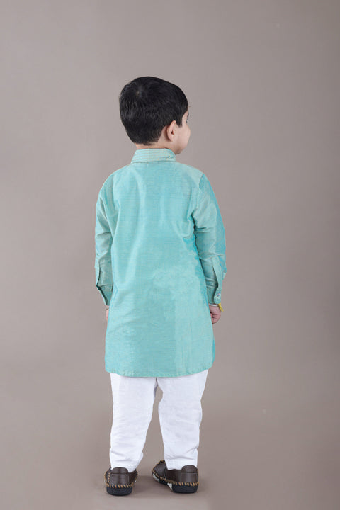 Pre-Order: Aqua Green Kurta With Flower Embroidery Jacket And Bottom Set