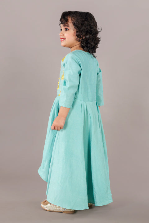 Pre-Order: Aqua Green Anarkali With Flower Embroidery And Bottom Set