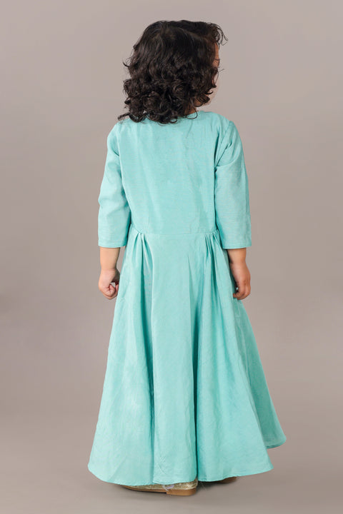 Pre-Order: Aqua Green Anarkali With Flower Embroidery And Bottom Set