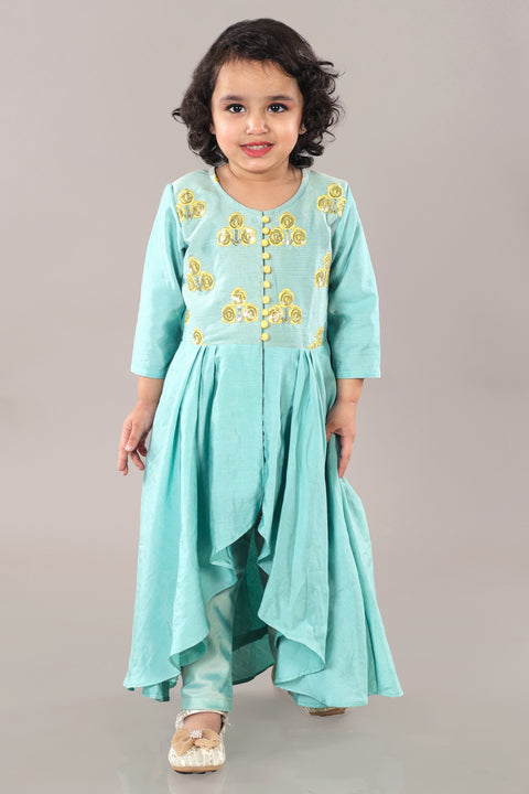 Pre-Order: Aqua Green Anarkali With Flower Embroidery And Bottom Set