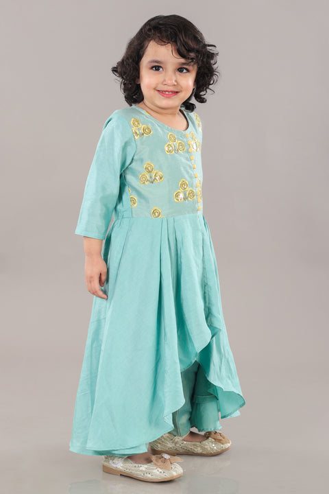 Pre-Order: Aqua Green Anarkali With Flower Embroidery And Bottom Set