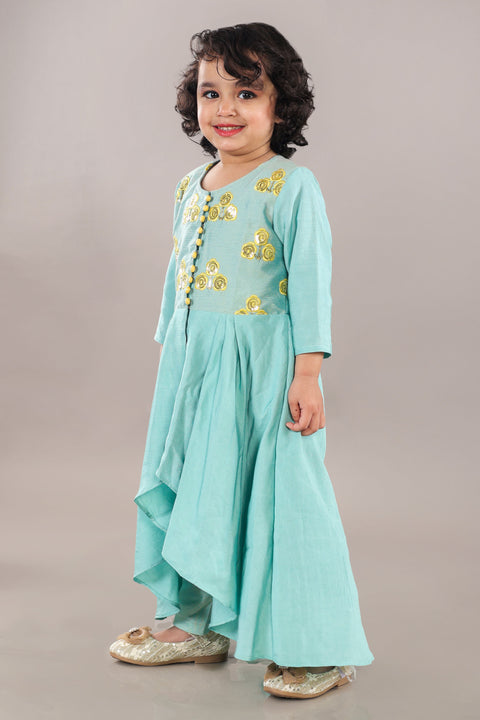 Pre-Order: Aqua Green Anarkali With Flower Embroidery And Bottom Set