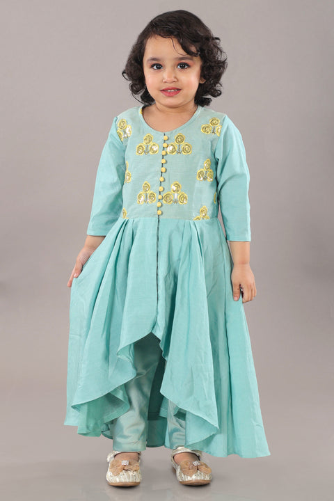 Pre-Order: Aqua Green Anarkali With Flower Embroidery And Bottom Set