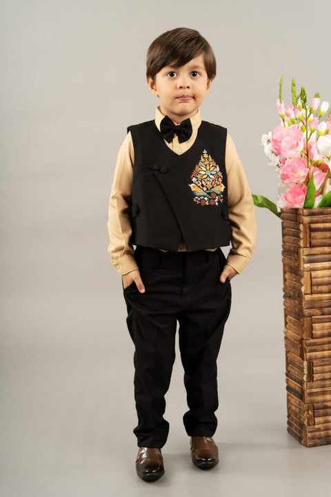 Pre-Order: Beige Full Shirt/Black Full Pant with Half Elastic waist coat with butta Embroidery and Black Bow Tie