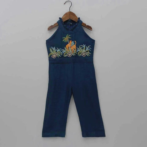 Pre-Order: Cheetah Hand Embroidered Jumpsuit-Blue