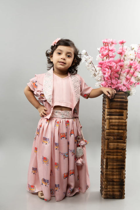 Pre-Order: Power Pink Elephant Print Jacket with Ghagra Set