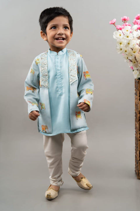 Pre-Order: Powder Blue Indo Western Elephant Print Jacket with Churidar Set