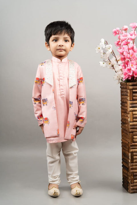 Pre-Order: Powder Pink Indo Western Elephant Print Jacket with Churidar Set