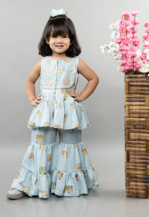Pre-Order: Powder Blue Elephant Print Gota Embroidery Sharara Set