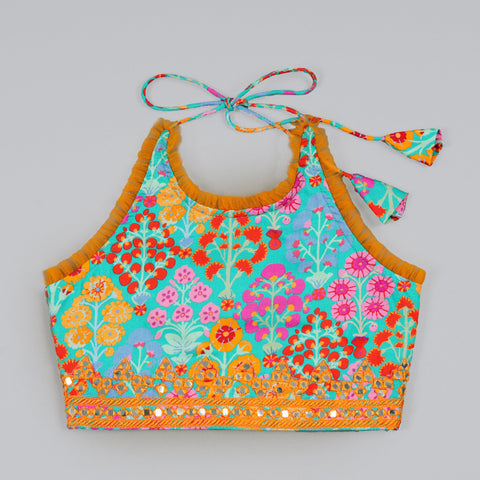 Pre-Order: Blue Floral Printed Mirror Work And Embroidered Blouse With Floral Printed Ghagara Set