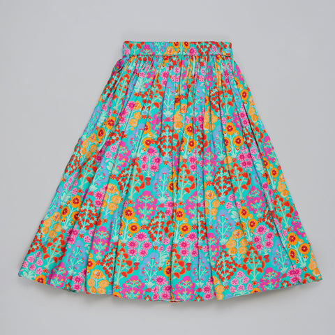 Pre-Order: Blue Floral Printed Mirror Work And Embroidered Blouse With Floral Printed Ghagara Set