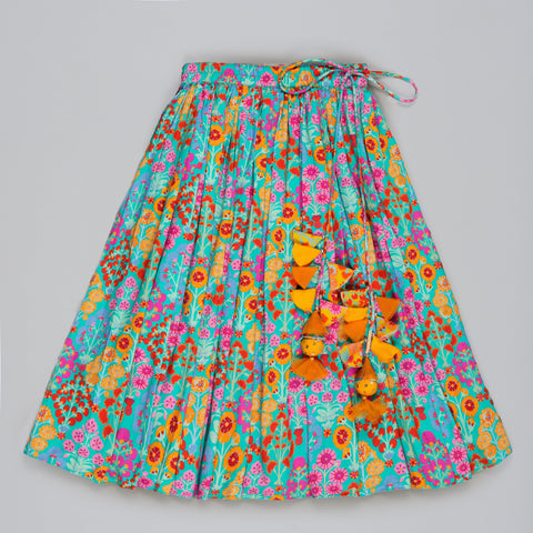 Pre-Order: Blue Floral Printed Mirror Work And Embroidered Blouse With Floral Printed Ghagara Set