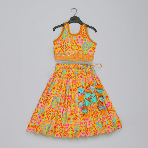 Pre-Order: Mustard Floral Printed Mirror Work And Embroidered Blouse With Floral Printed Ghagara Set