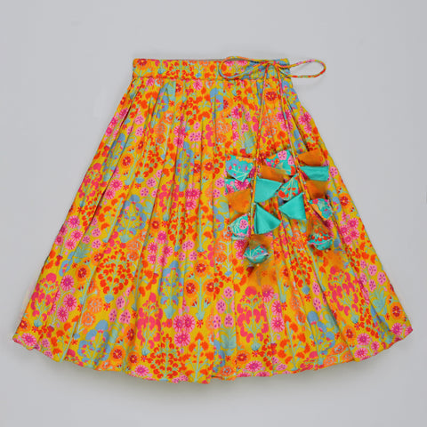 Pre-Order: Mustard Floral Printed Mirror Work And Embroidered Blouse With Floral Printed Ghagara Set