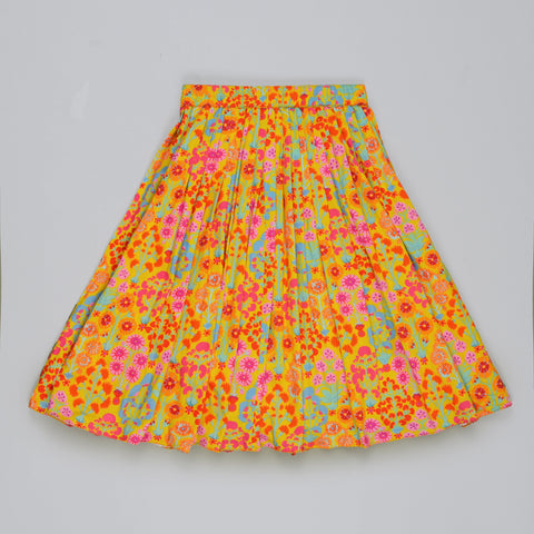 Pre-Order: Mustard Floral Printed Mirror Work And Embroidered Blouse With Floral Printed Ghagara Set