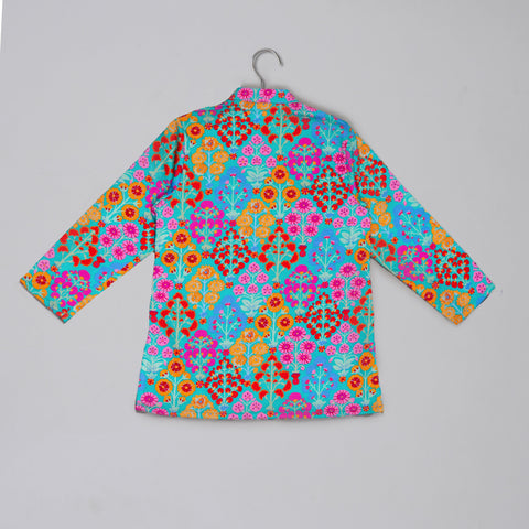 Pre-Order: Blue Floral Printed Mirror Work And Embroiderd Kurta With Dhoti Set