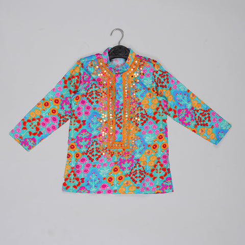 Pre-Order: Blue Floral Printed Mirror Work And Embroiderd Kurta With Dhoti Set