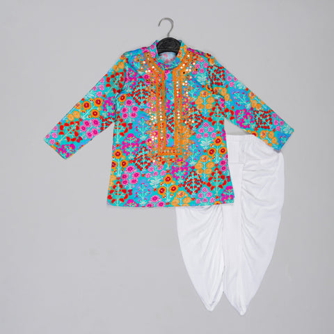 Pre-Order: Blue Floral Printed Mirror Work And Embroiderd Kurta With Dhoti Set