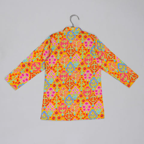 Pre-Order: Mustard Floral Printed Mirror Work And Embroiderd Kurta With Dhoti Set