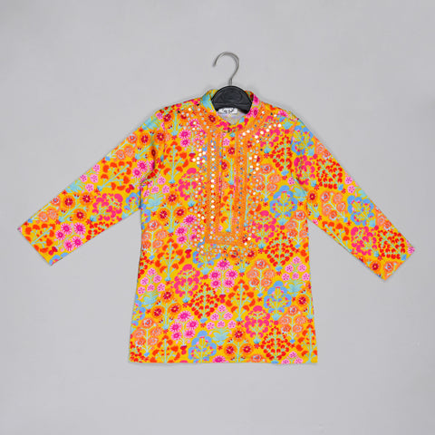 Pre-Order: Mustard Floral Printed Mirror Work And Embroiderd Kurta With Dhoti Set