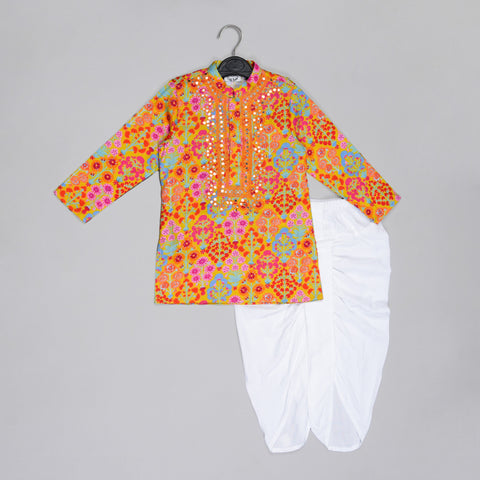 Pre-Order: Mustard Floral Printed Mirror Work And Embroiderd Kurta With Dhoti Set
