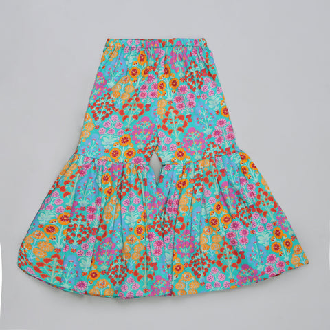 Pre-Order: Blue Floral Printed Mirror Work And Embroidered Top With Floral Printed Sharara Set