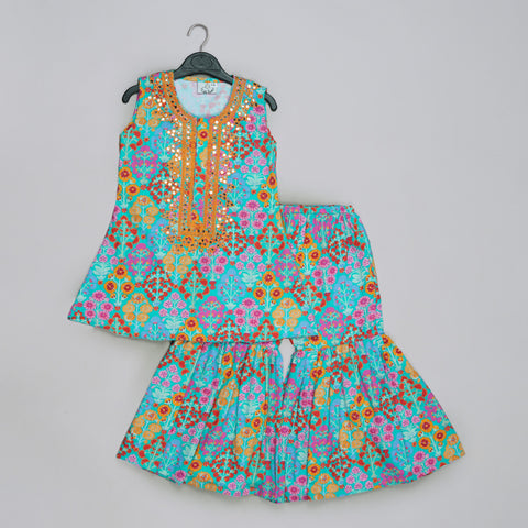 Pre-Order: Blue Floral Printed Mirror Work And Embroidered Top With Floral Printed Sharara Set