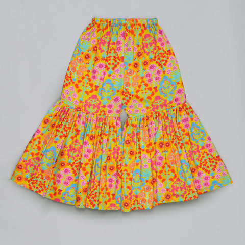 Pre-Order: Mustard Floral Printed Mirror Work And Embroidered Top With Floral Printed Sharara Set