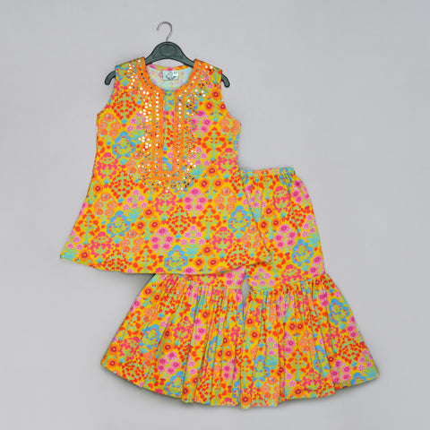 Pre-Order: Mustard Floral Printed Mirror Work And Embroidered Top With Floral Printed Sharara Set