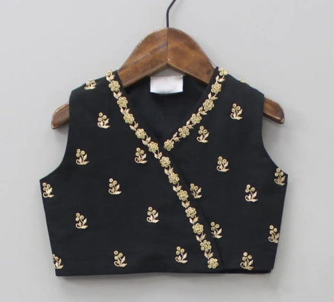 Pre-Order: Black Ikkat Print Heavy Hand Embroidered Blouse With Ghagara Set