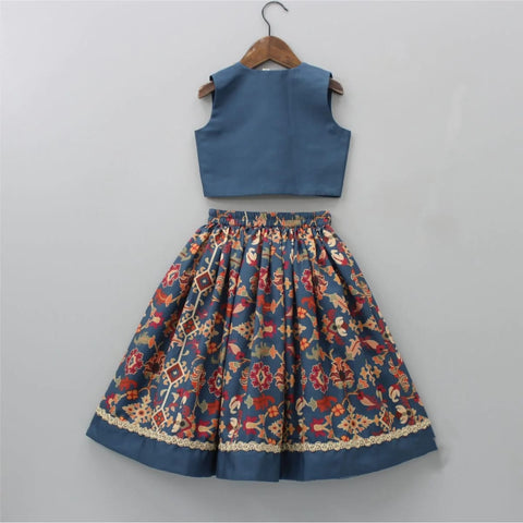 Pre-Order: Sapphire Blue Ikkat Print Heavy Hand Embroidered Blouse With Ghagara Set