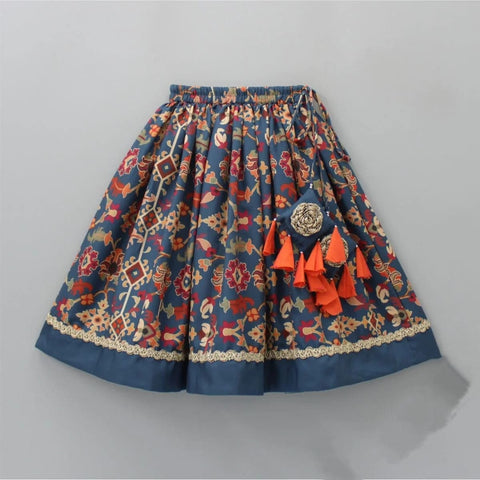 Pre-Order: Sapphire Blue Ikkat Print Heavy Hand Embroidered Blouse With Ghagara Set