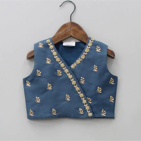 Pre-Order: Sapphire Blue Ikkat Print Heavy Hand Embroidered Blouse With Ghagara Set