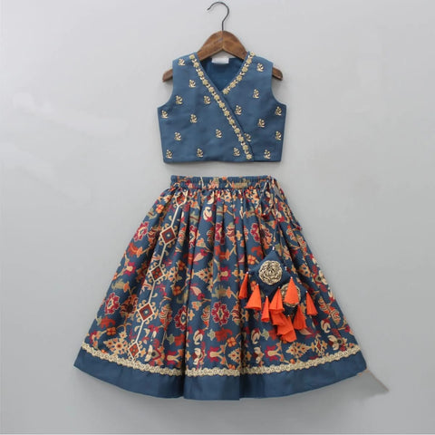 Pre-Order: Sapphire Blue Ikkat Print Heavy Hand Embroidered Blouse With Ghagara Set